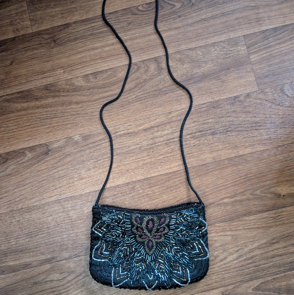 Embroidered Beaded Black and Blue Women's Bag Clutch